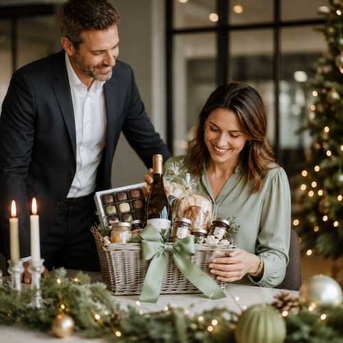 Mitarbeiter bekommt ein Geschenkkorb zu Weihnachten
