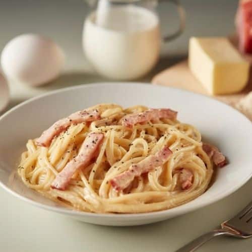 Spaghetti Carbonara in einem stilvollen Geschenkkorb