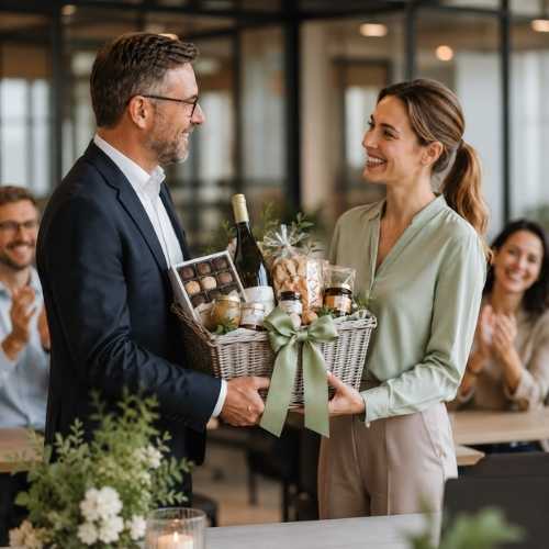 zwei Geschäftspartner überreichen sich einen Geschenkkorb zum Firmenjubiläum