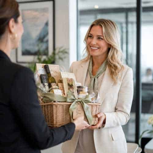 Mitarbeiter überreichen sich einen Geschenkkorb